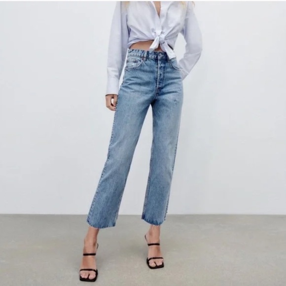 Zara Denim - Zara High Waisted Straight Leg Raw Hem Mom Jeans